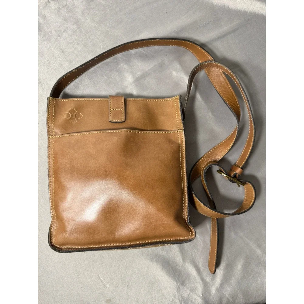 Patricia Nash Leather Crossbody Bag Map Print Floral Bird Tan Tan Brown Square